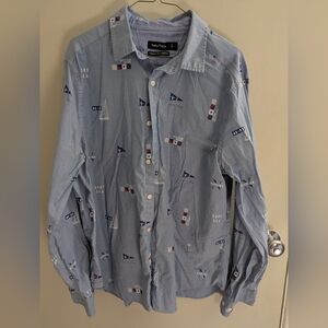 Nautica Men's Large Classic Fit Stretch Blue Sailing Flag Shirt EUC Office Wear